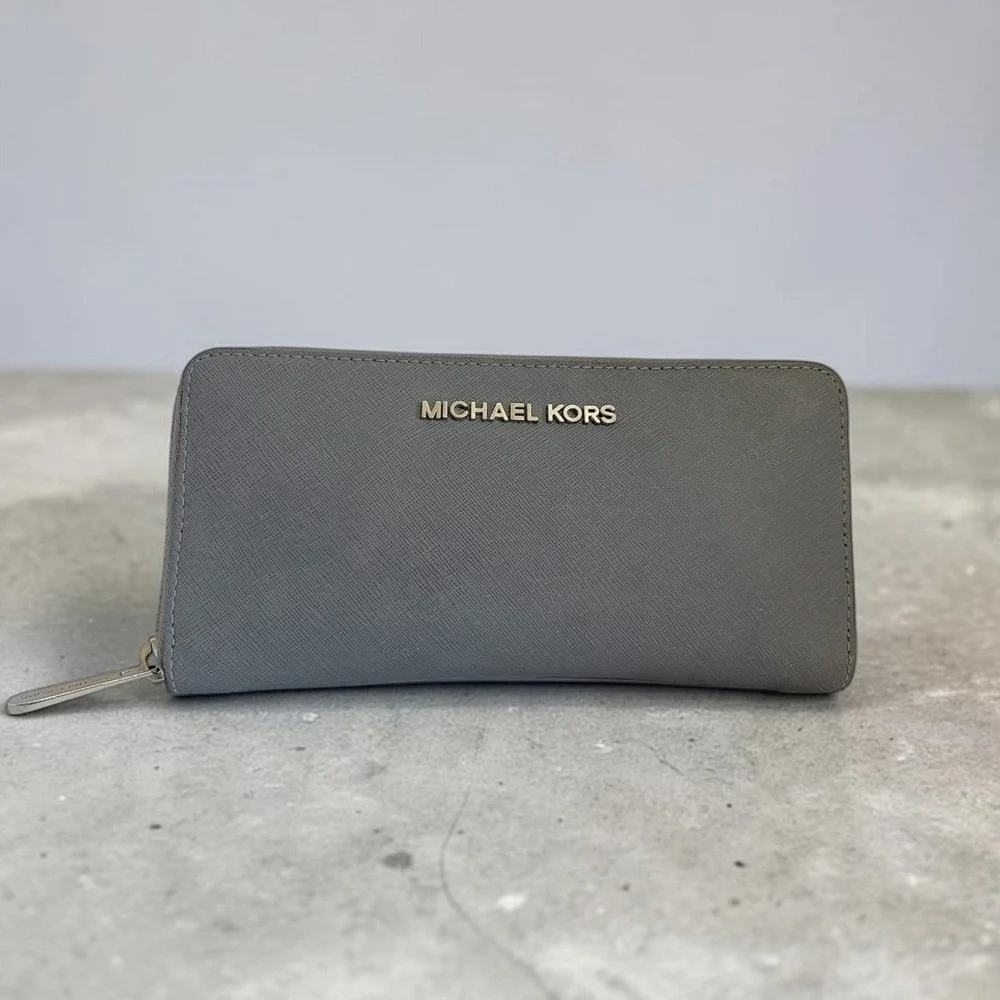 Michael Kors Grey Saffiano Leather Jet Set Continental Zip Around Wallet Large
